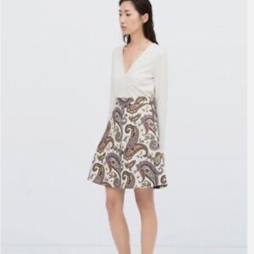 Zara Brown and Cream A-Line Paisley Print Knee-Length Skirt